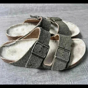 Birkenstock Arizona Khaki Wool Happy Lamb Unisex Sandals 37 Narrow